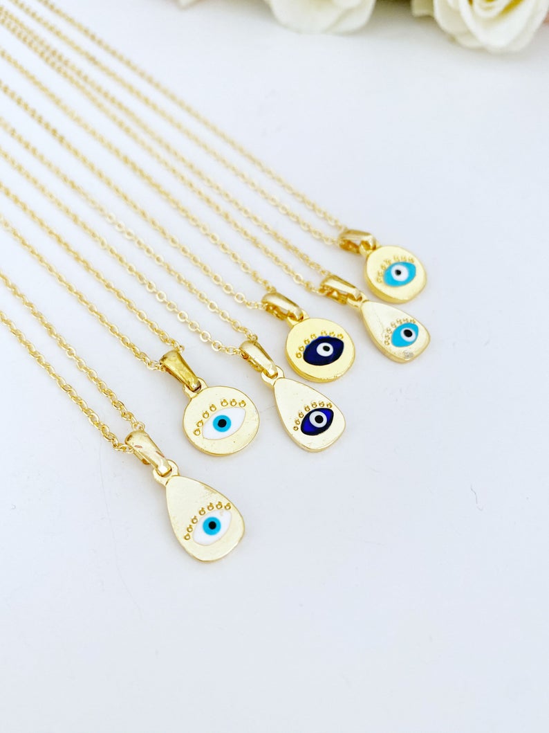Gold Evil Eye Necklace, Tiny Evil Eye Bead, Teardrop Charm Necklace