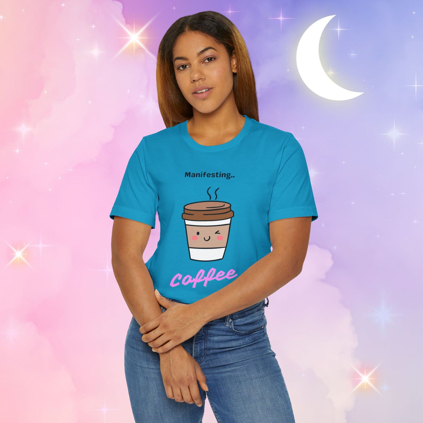 Manifesting Coffee   T-Shirt, Cute Coffee Tee, Gift for Coffee Lovers, Funny Coffee Shirt, Unisex Jersey T-Shirt for Casual Wear