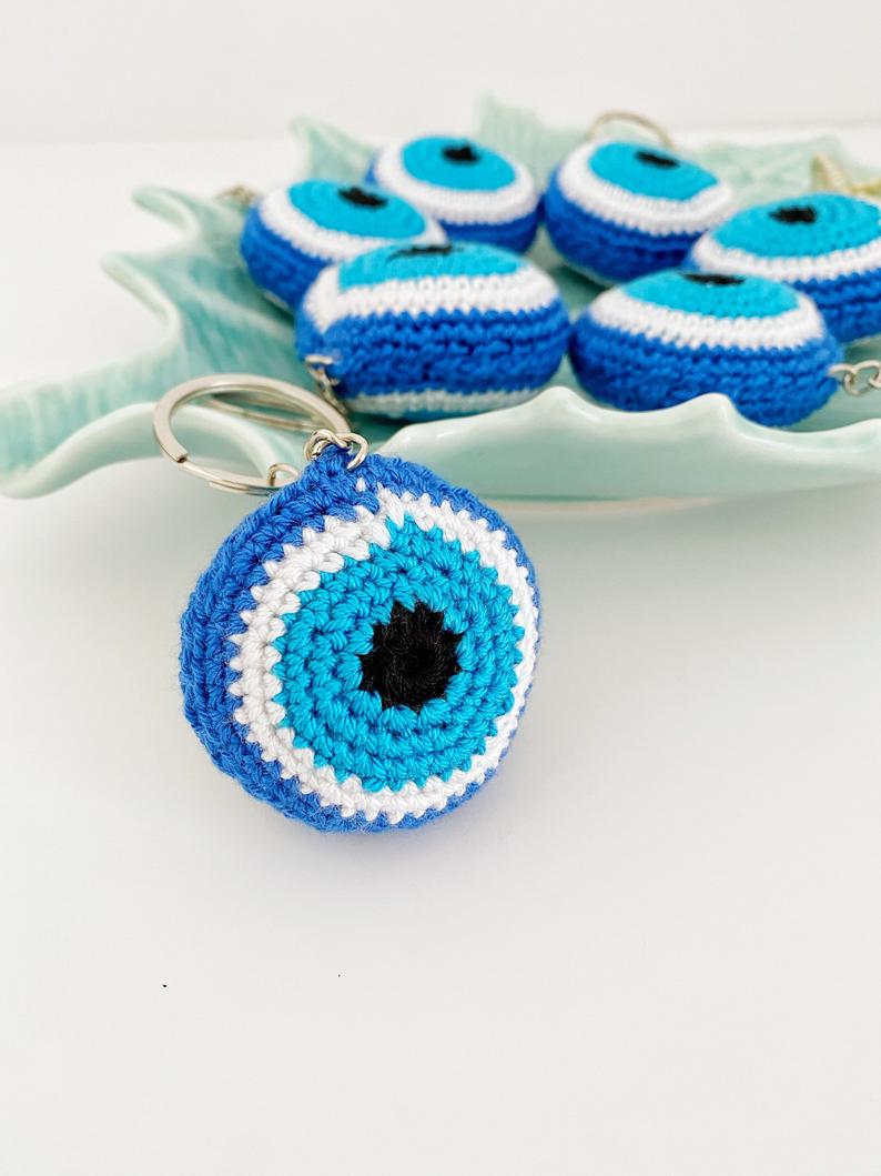 Blue Evil Eye Keychain, Macrame Keychain, Handknitting keychain