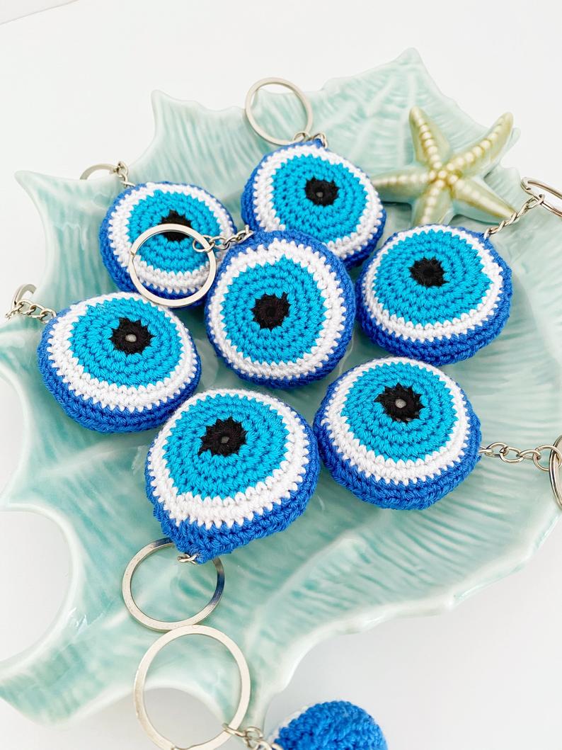 Blue Evil Eye Keychain, Macrame Keychain, Handknitting keychain
