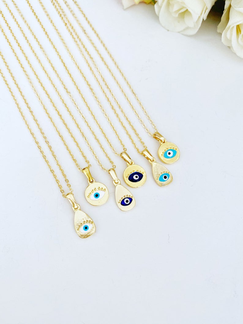 Gold Evil Eye Necklace, Tiny Evil Eye Bead, Teardrop Charm Necklace