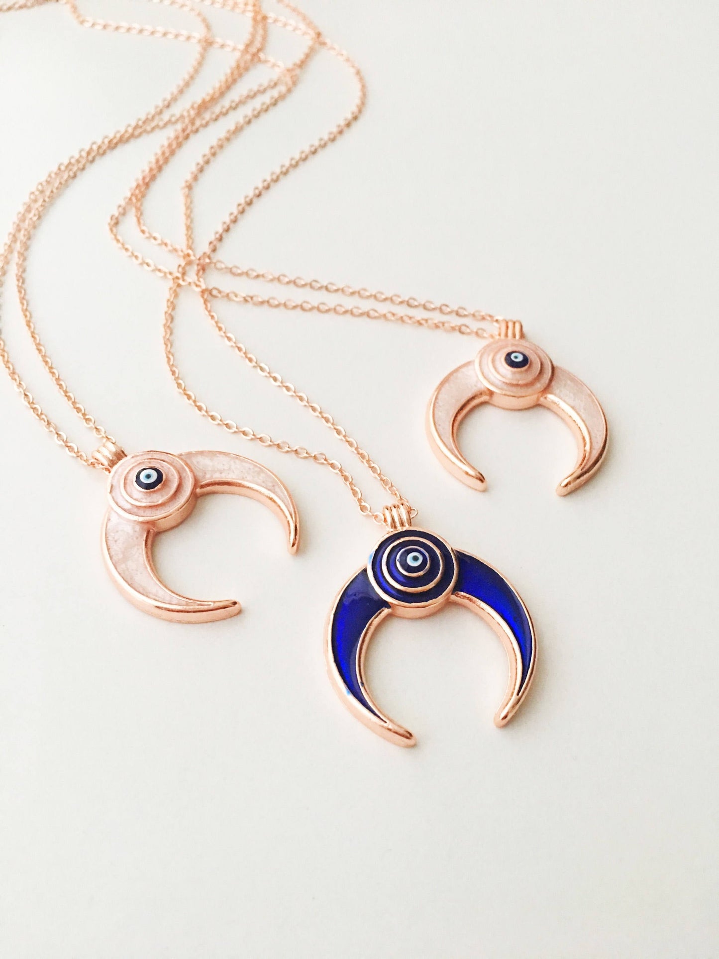Double horn necklace, evil eye necklace, crescent moon necklace, evil