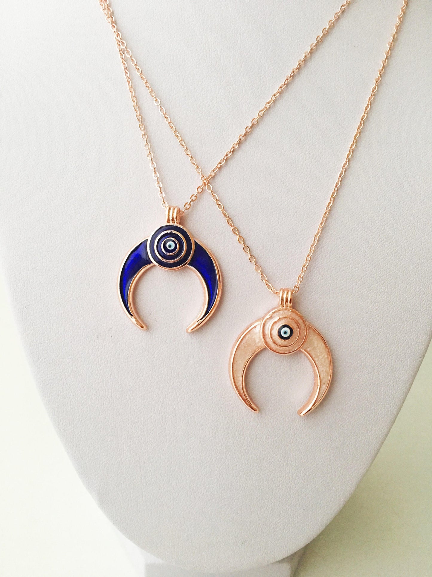 Double horn necklace, evil eye necklace, crescent moon necklace, evil