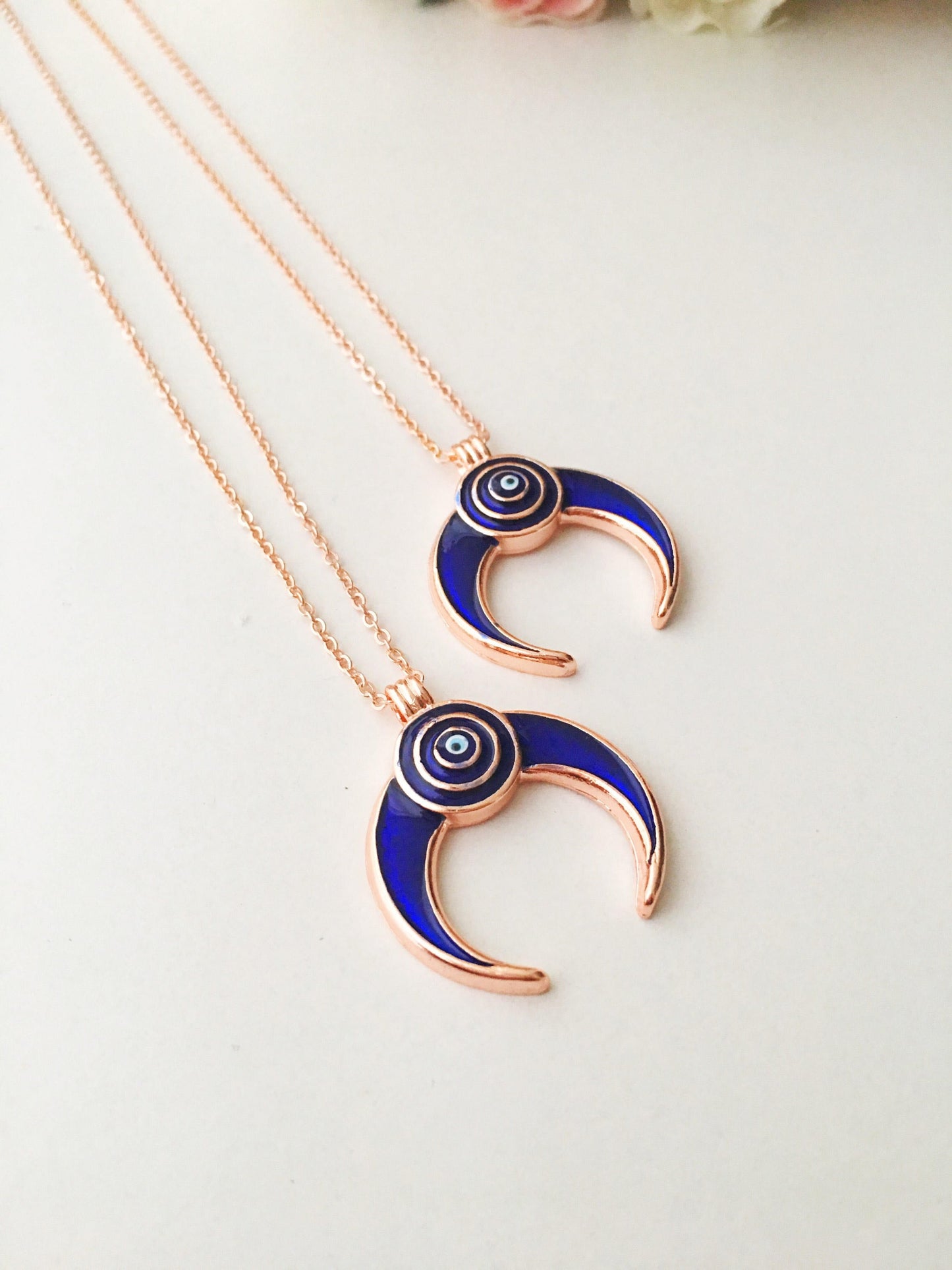 Double horn necklace, evil eye necklace, crescent moon necklace, evil