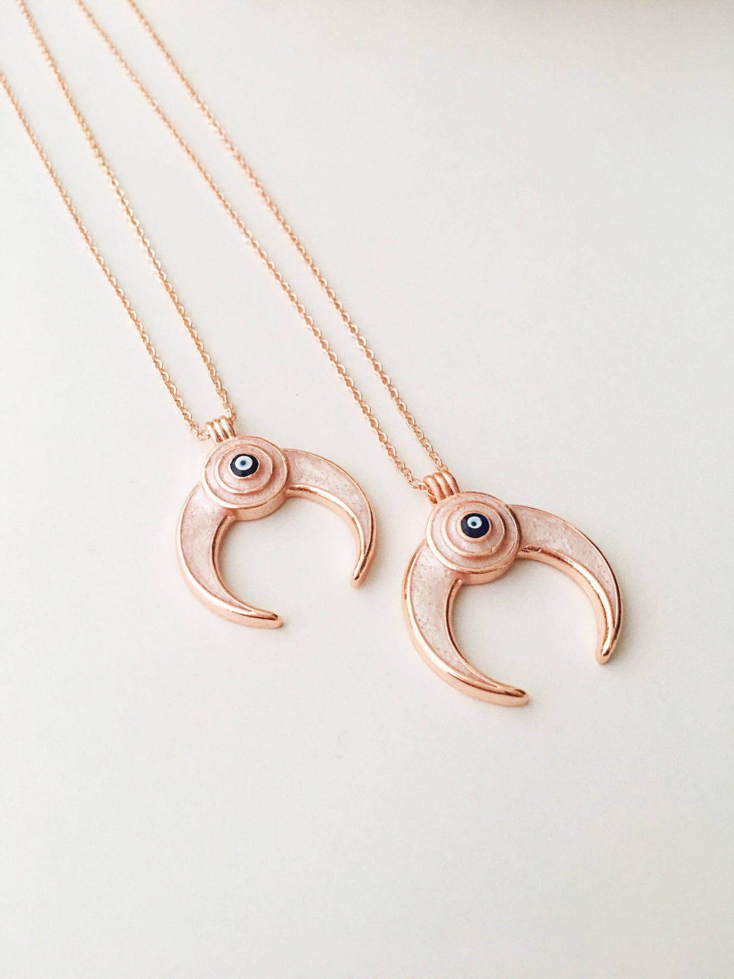 Double horn necklace, evil eye necklace, crescent moon necklace, evil