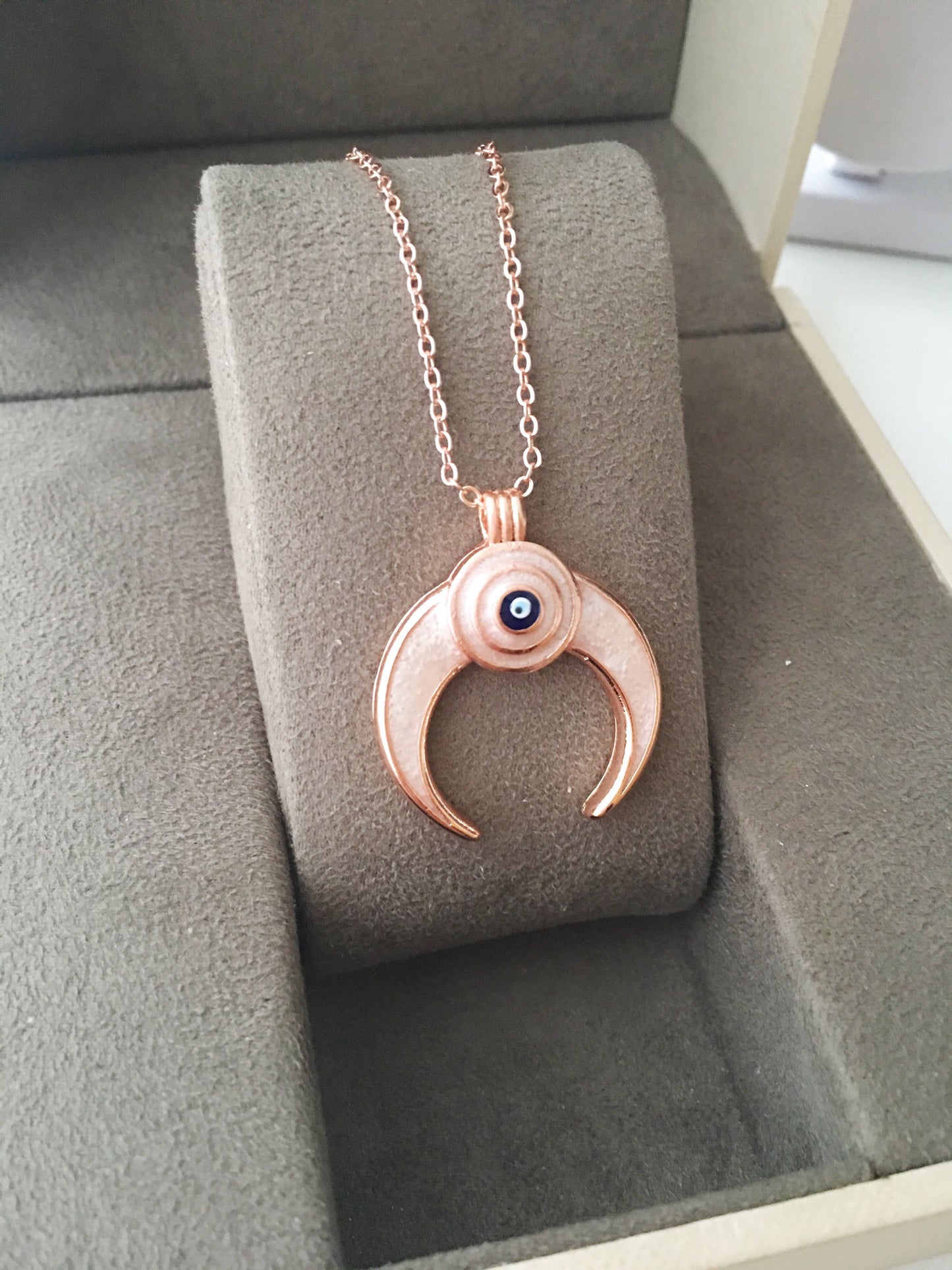 Double horn necklace, evil eye necklace, crescent moon necklace, evil